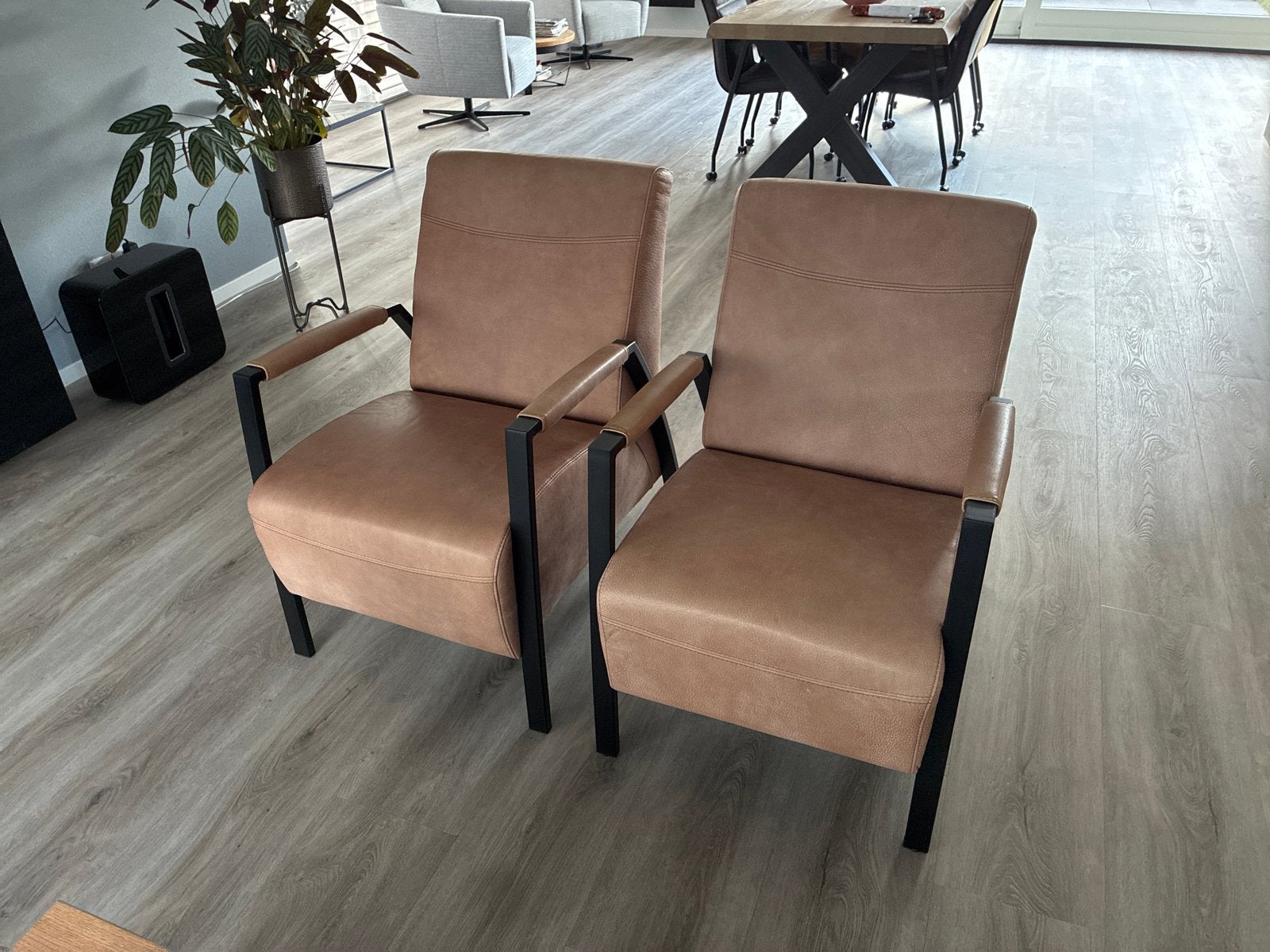 2x Comfortabele Fauteuils - Cognac Leer en Zwart Metaal, Ophalen, Twee, Bruin, Leer