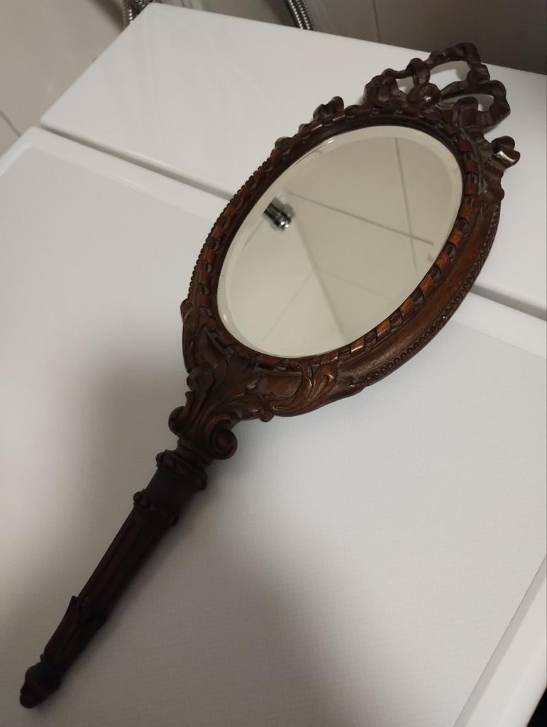 Antiek houten handgesneden spiegel facet geslepen glas, Ophalen of Verzenden, Rechthoekig, Minder dan 50 cm