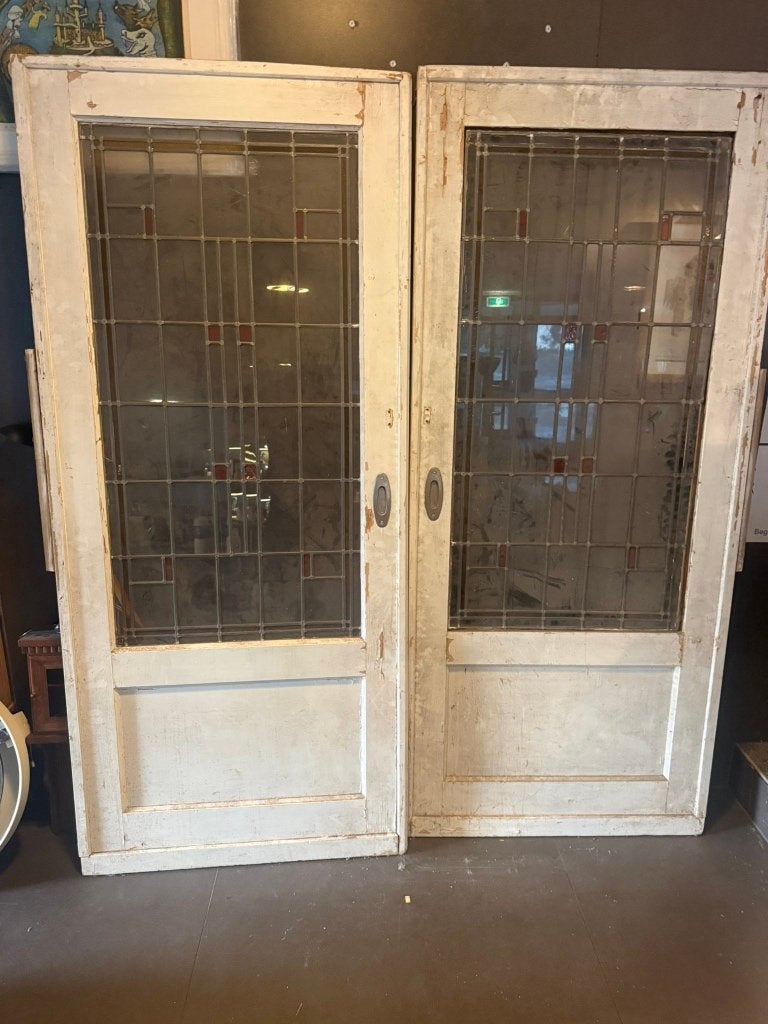 Set glas in lood schuifdeuren - kamer en suite, Doe-het-zelf en Verbouw, Deuren en Horren, Gebruikt, Binnendeur, 200 tot 215 cm