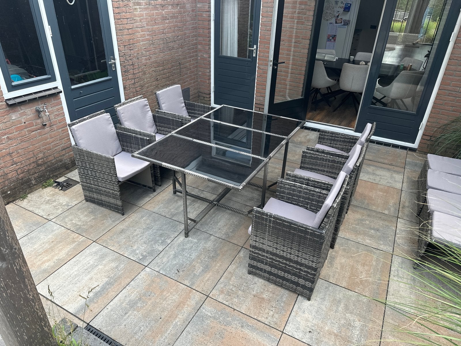 Complete tuinset: tafel met glasplaten, 6 stoelen 4 krukjes, Ophalen, Gebruikt, Eettafel, Meer dan 8 zitplaatsen