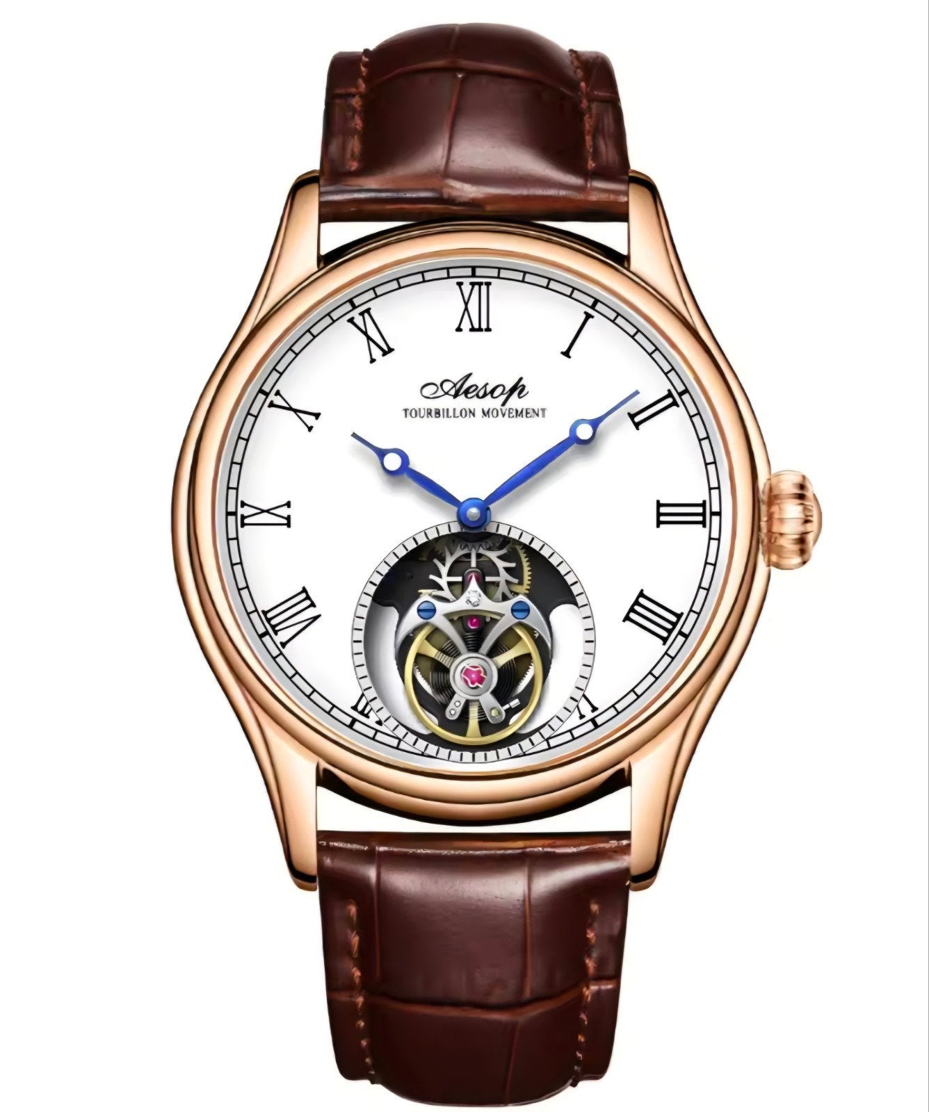 Aesop Tourbillon Herenhorloge - Roségoud met Bruin Leer, Overige merken, Overige materialen, Leer, Polshorloge