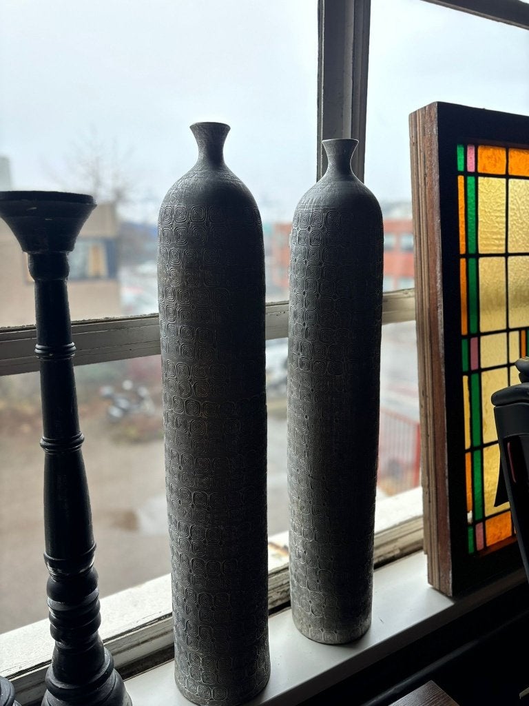 2 Hoge Vloervazen Grijs Keramiek Droogbloemen  CS26734, Ophalen, Gebruikt, 89 cm, Steen/keramiek
