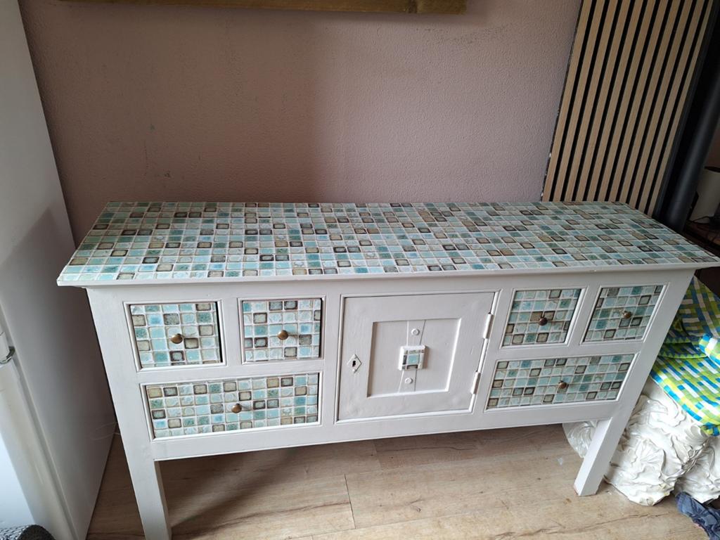 Dressoir met mozaïek blad en lades - 147x40x90 cm, Gebruikt, Overige materialen, 100 tot 150 cm, Ophalen of Verzenden