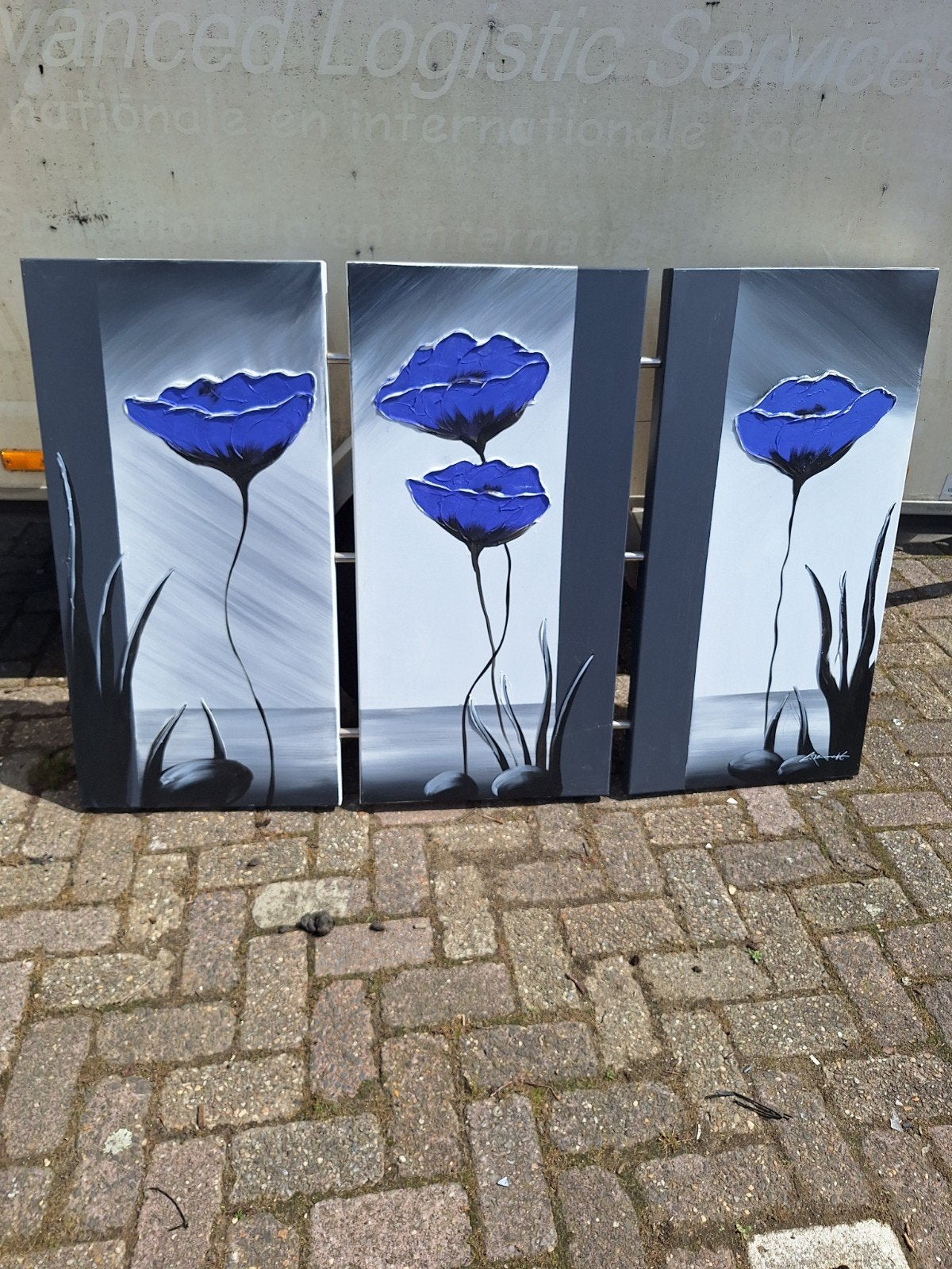 Mooi 3-luik schilderij met blauwe bloemen, 160 x 100 cm, Ophalen
