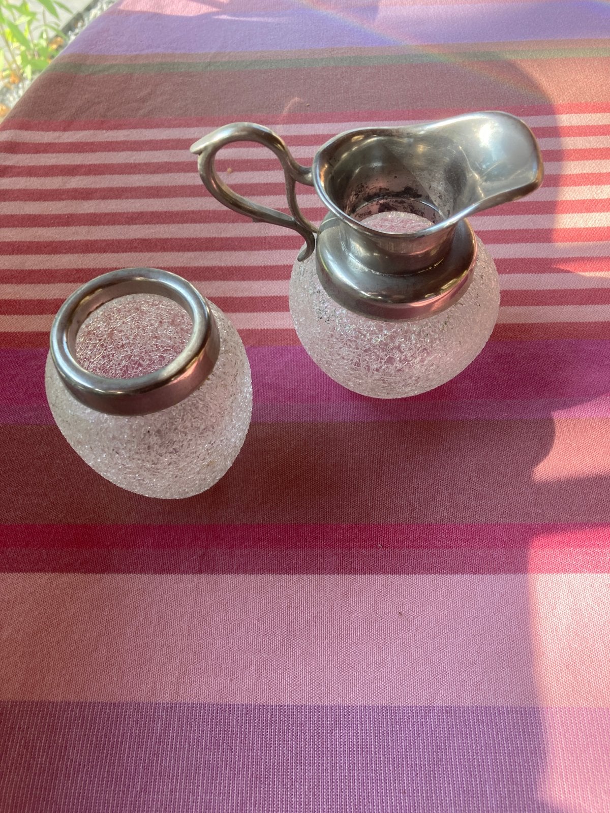 Vintage glazen suikerpot en melkkan met zilveren rand, Ophalen of Verzenden