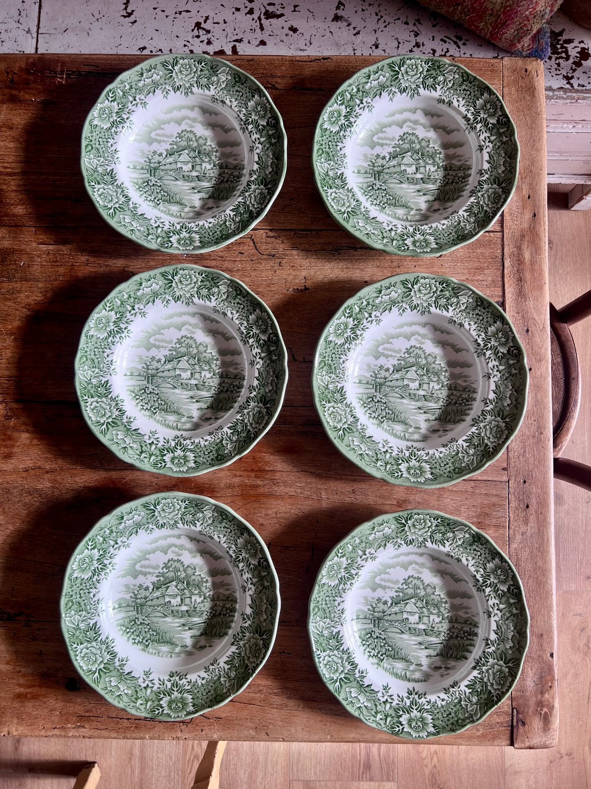 Vintage Engelse Ironstone Borden –Groen Transferware 6 stuks, Ophalen