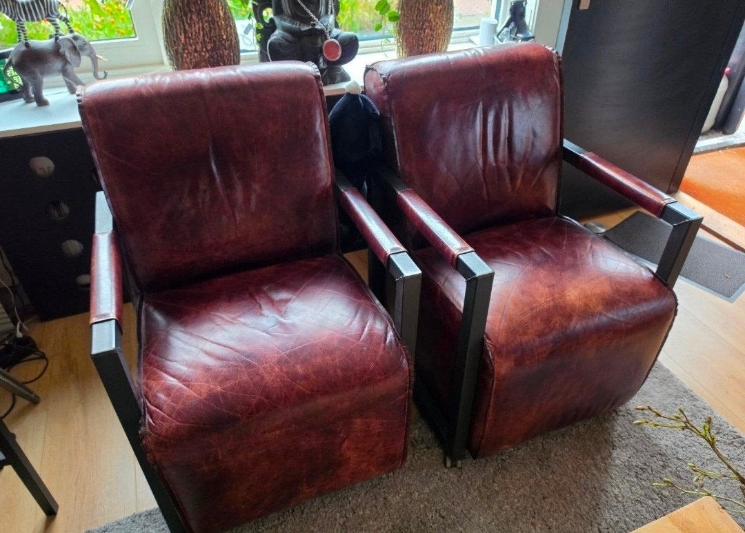 2 Robuuste Industriële Fauteuils - Tuigleer & Metaal, Ophalen of Verzenden, Gebruikt, Leer, Industrieel
