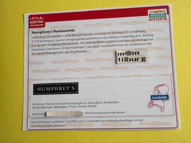 Humphrey's Restaurant €7,50/€4,- korting per persoon, Drie personen of meer, Kortingsbon, Overige typen
