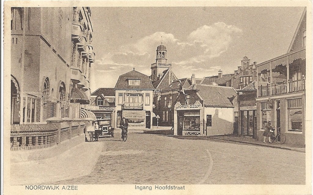 Noordwijk a Zee Ingang Hoofdstraat + winkel,auto,fiets 1929, Verzenden, 1920 tot 1940, Gelopen, Zuid-Holland