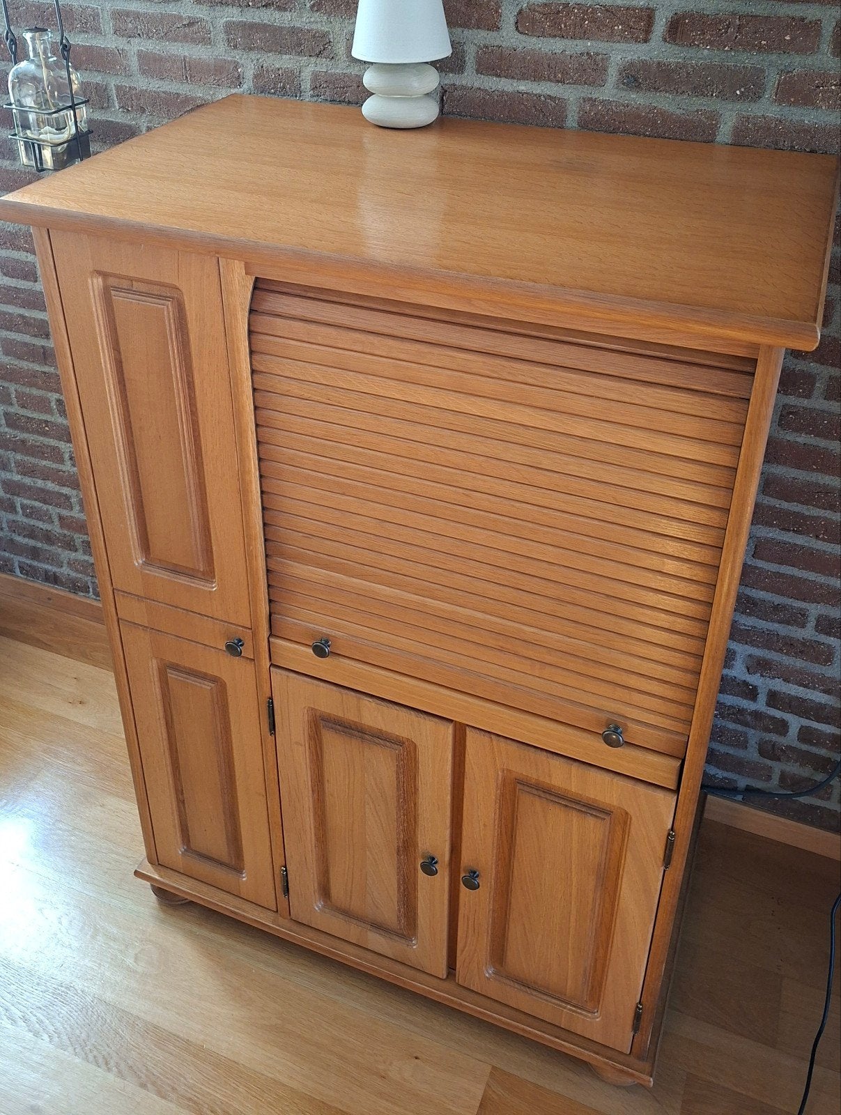 Houten computerkast met rolluik en opbergruimte, Ophalen, 70 tot 120 cm, Klassiek, Functioneel, 120 tot 170 cm