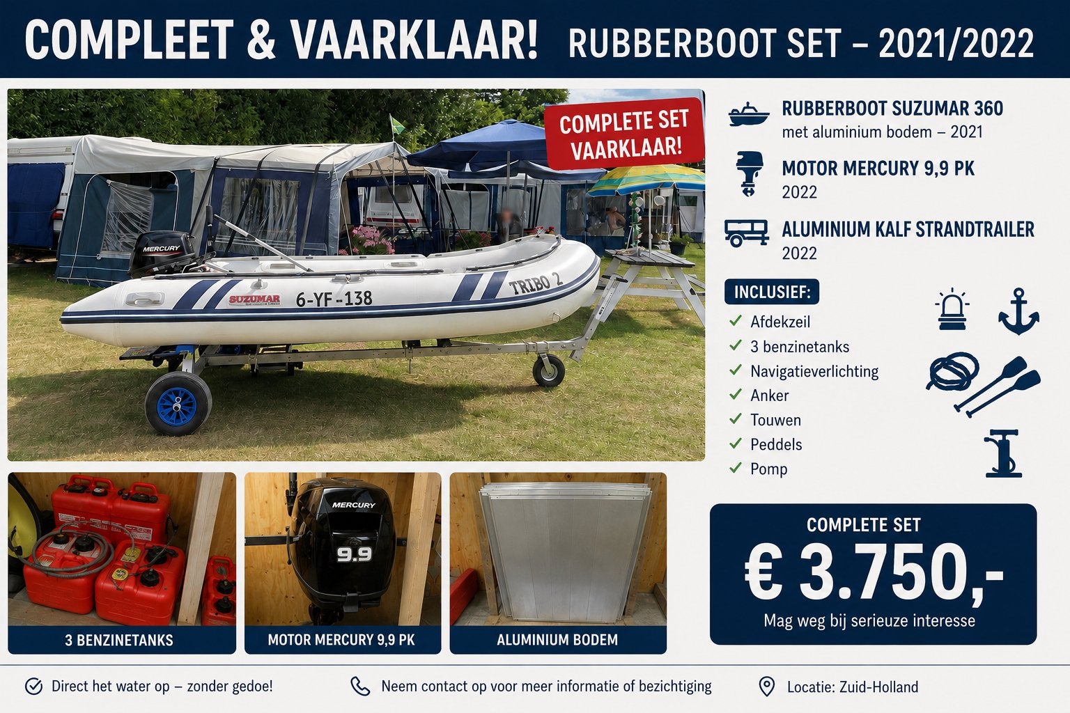 Suzumar DS 360 rubberboot met Mercury 9.9pk buitenboordmotor, Ophalen, Aluminium, 10 pk, Suzumar