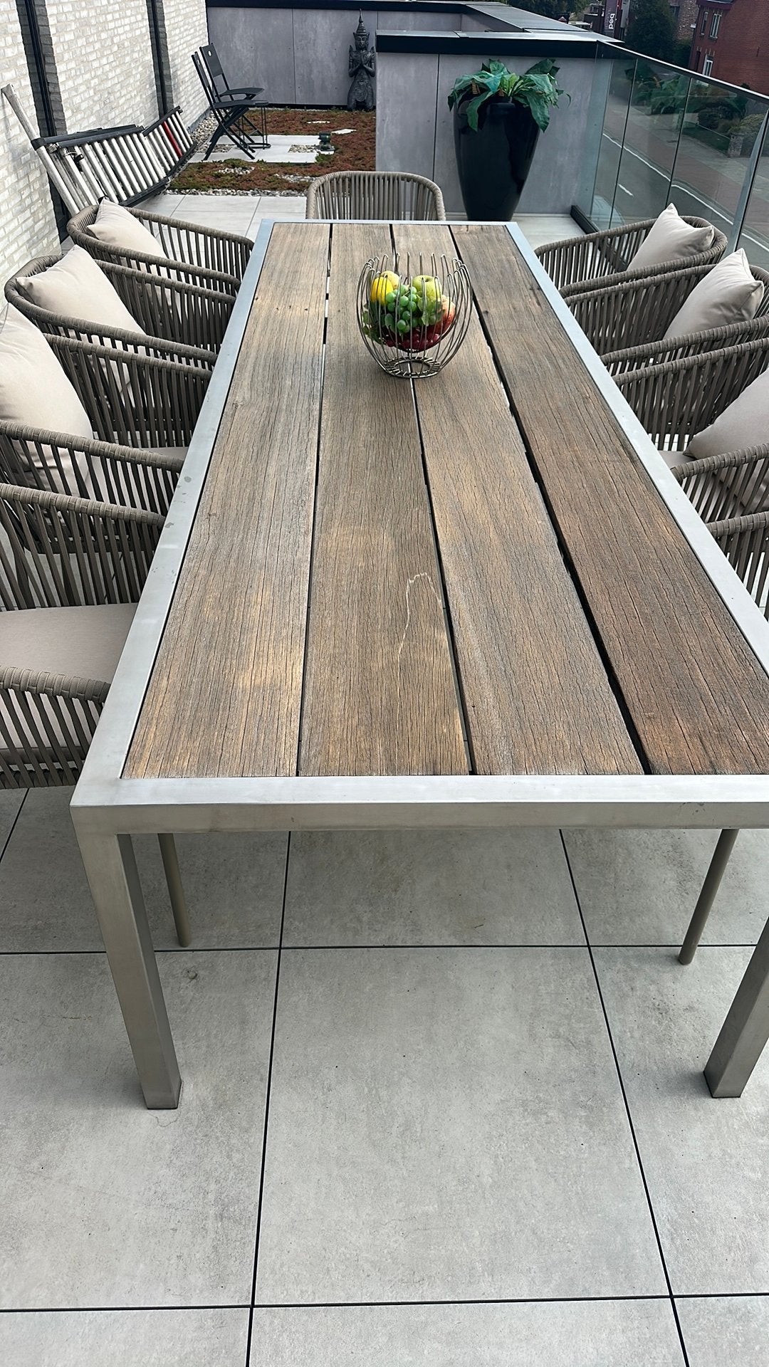 Grote RVS tuintafel met hardhouten planken - 1x3,20meter, Ophalen, Gebruikt, Rechthoekig, Rvs