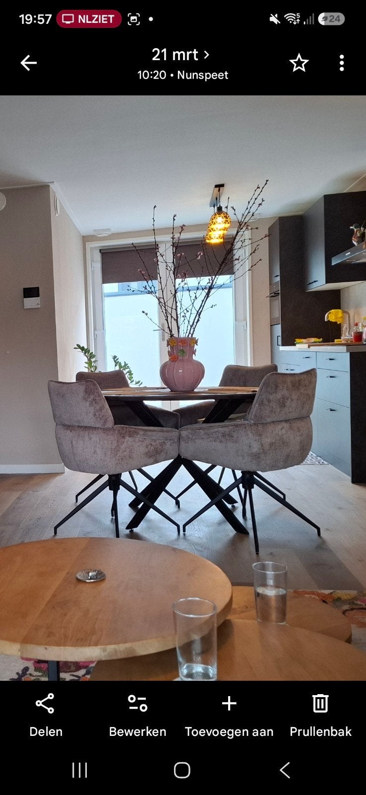 Mango houten eettafel mét 4 champagne kleur stoelen!, Ophalen, Gebruikt, Rond, Vier personen