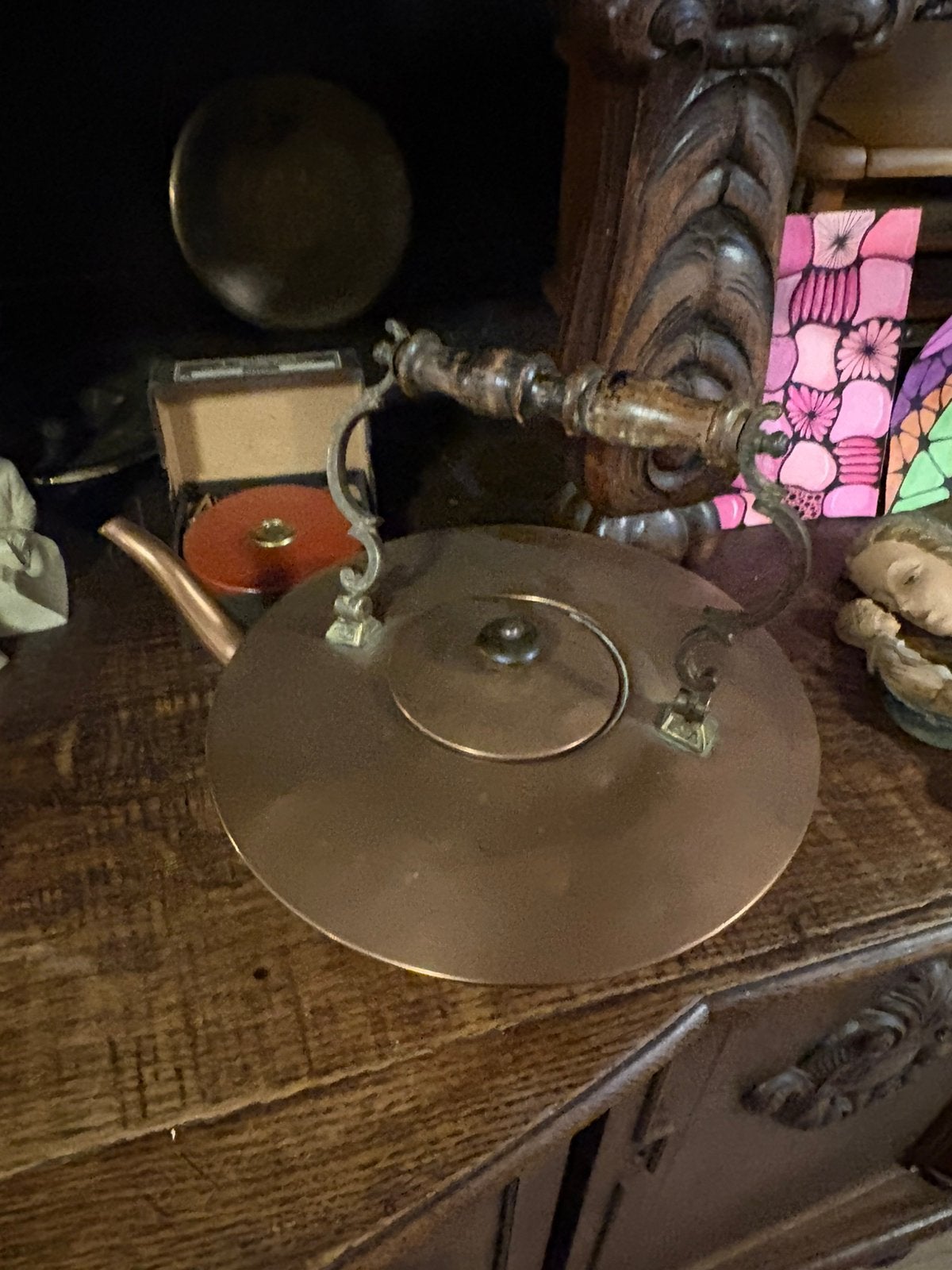 antieke/vintage koperen theeketel – houten handvat & messing, Ophalen, Koper