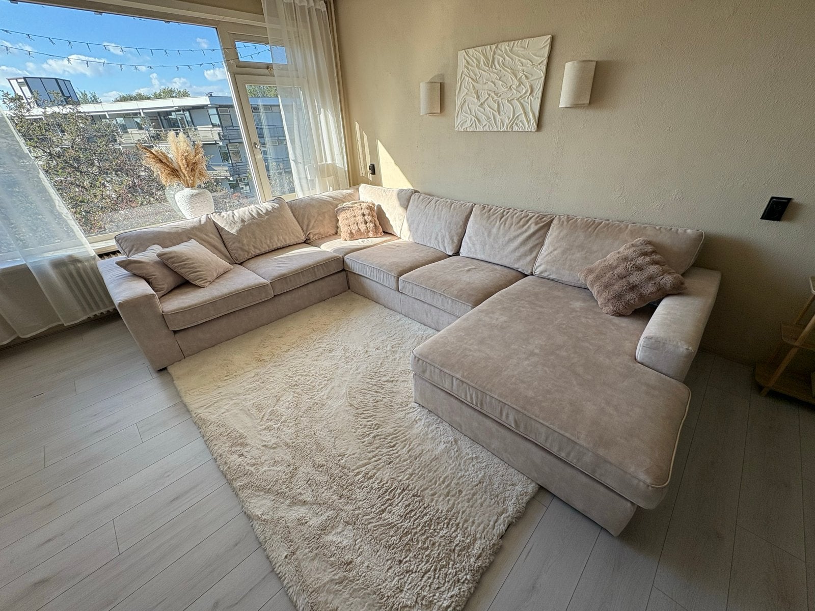 Grote beige Hoekbank, Ophalen, 100 tot 125 cm, Hoekbank, 300 cm of meer