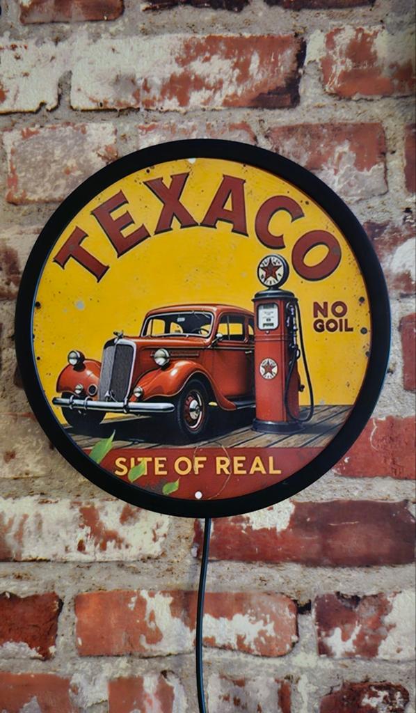 Texaco Reclamebord met Ledverlichting - 20 cm doorsnede, Verzamelen, Merken en Reclamevoorwerpen, Ophalen of Verzenden, Lichtbak of (neon) lamp
