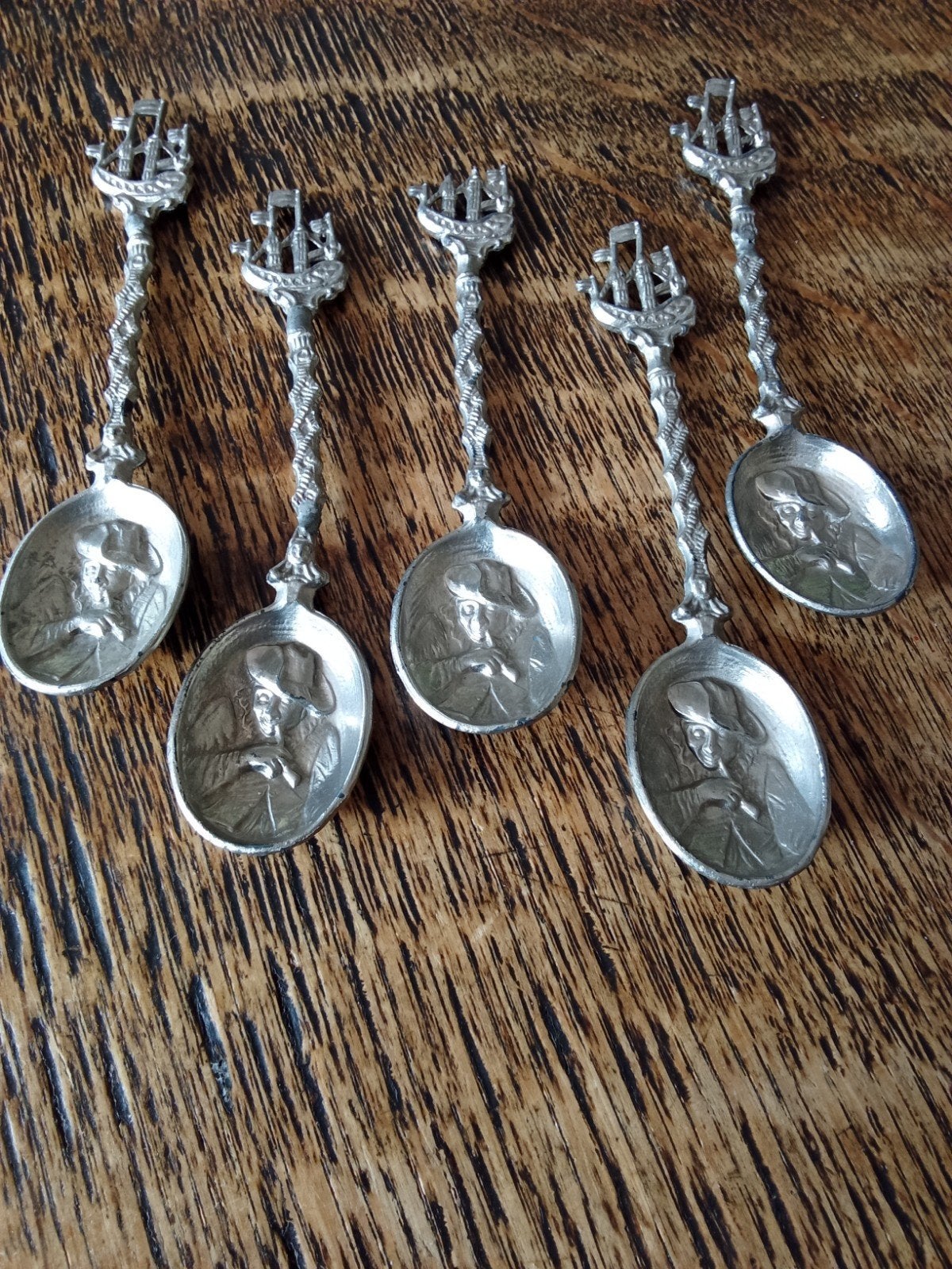 Set van 5 antieke ,zilveren, nu lepels met VOC-schepen, Ophalen of Verzenden