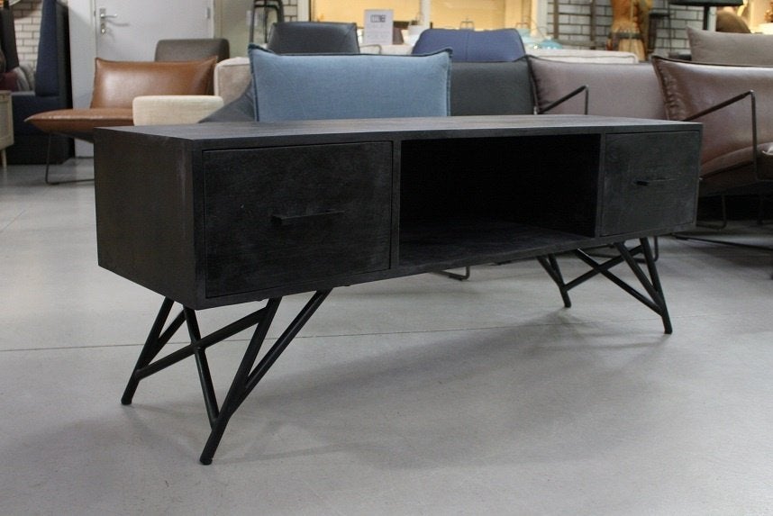 Zwart tv-meubel dressoir TOM mangohout 130 cm. met lade, 100 tot 150 cm, Nieuw, Minder dan 100 cm, 25 tot 50 cm