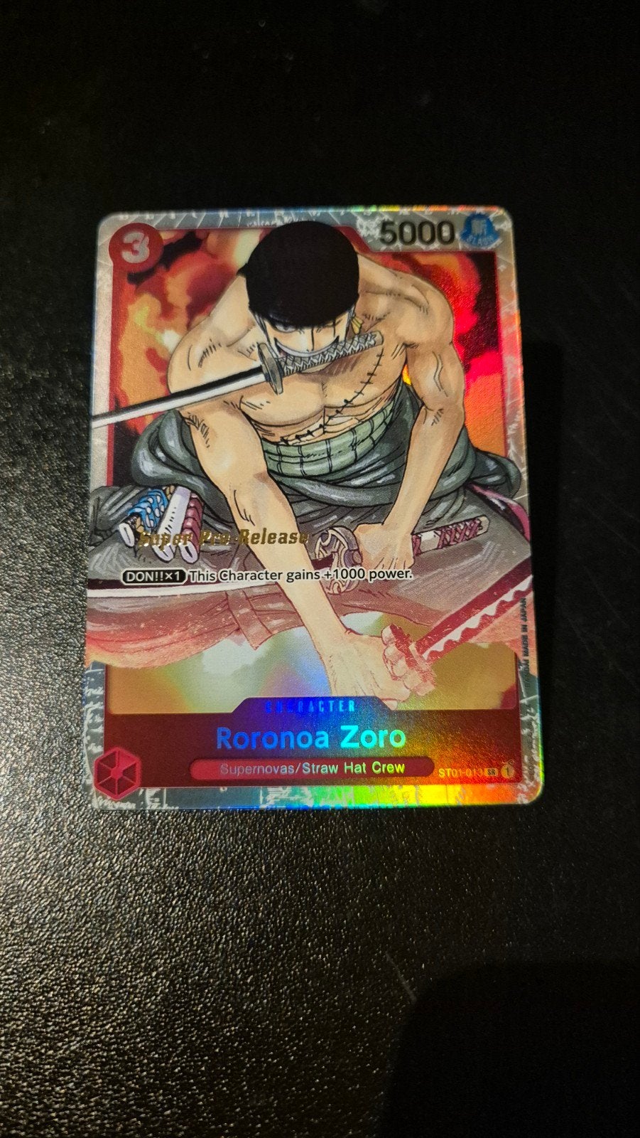 One Piece - Roronoa Zoro, Super Pre-Release, Ophalen of Verzenden, Zo goed als nieuw, Losse kaart, Foil