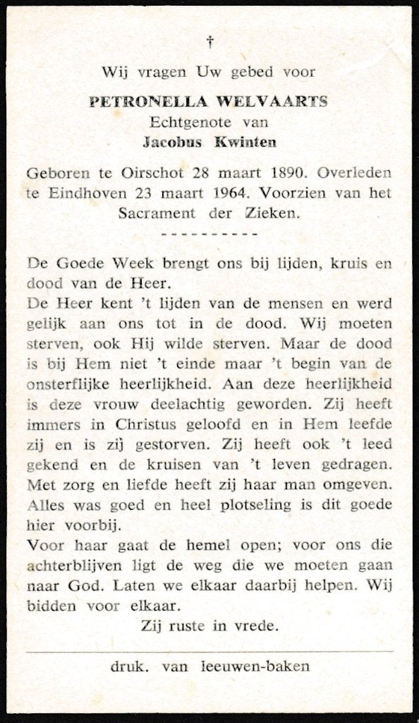 Welvaarts 1890 Oirschot 1964 Eindhoven, Ophalen of Verzenden, Bidprentje