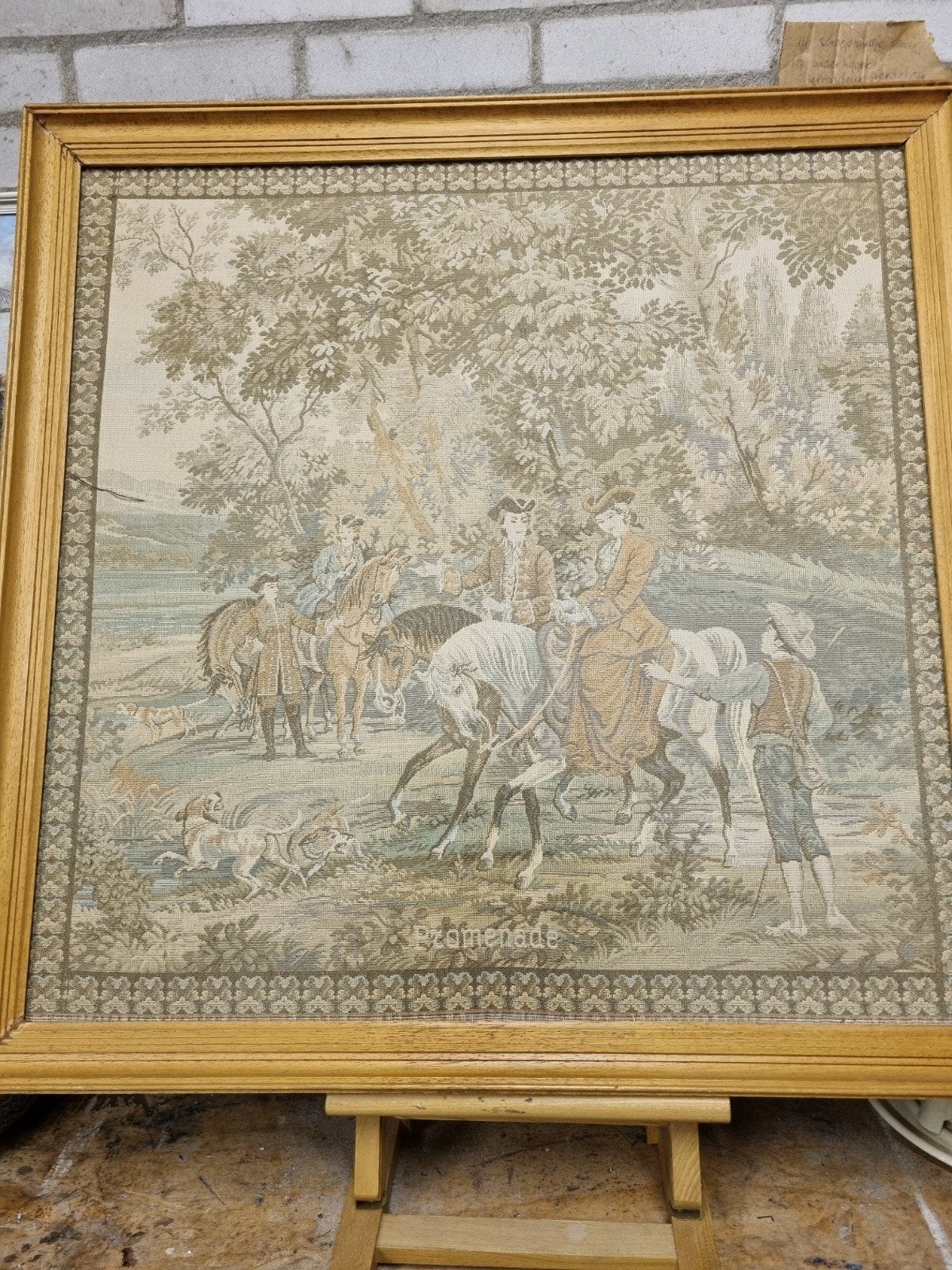 Ingelijst Gobelin Wandtapijt: Jacht/Promenade Scène, Antiek en Kunst, Ophalen of Verzenden