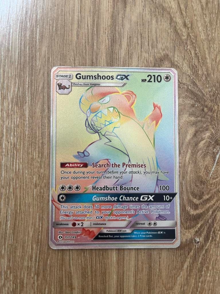 Gumshoos GX Rainbow Rare Pokémon Kaart (157/149), Hobby en Vrije tijd, Verzamelkaartspellen | Pokémon, Ophalen of Verzenden, Zo goed als nieuw