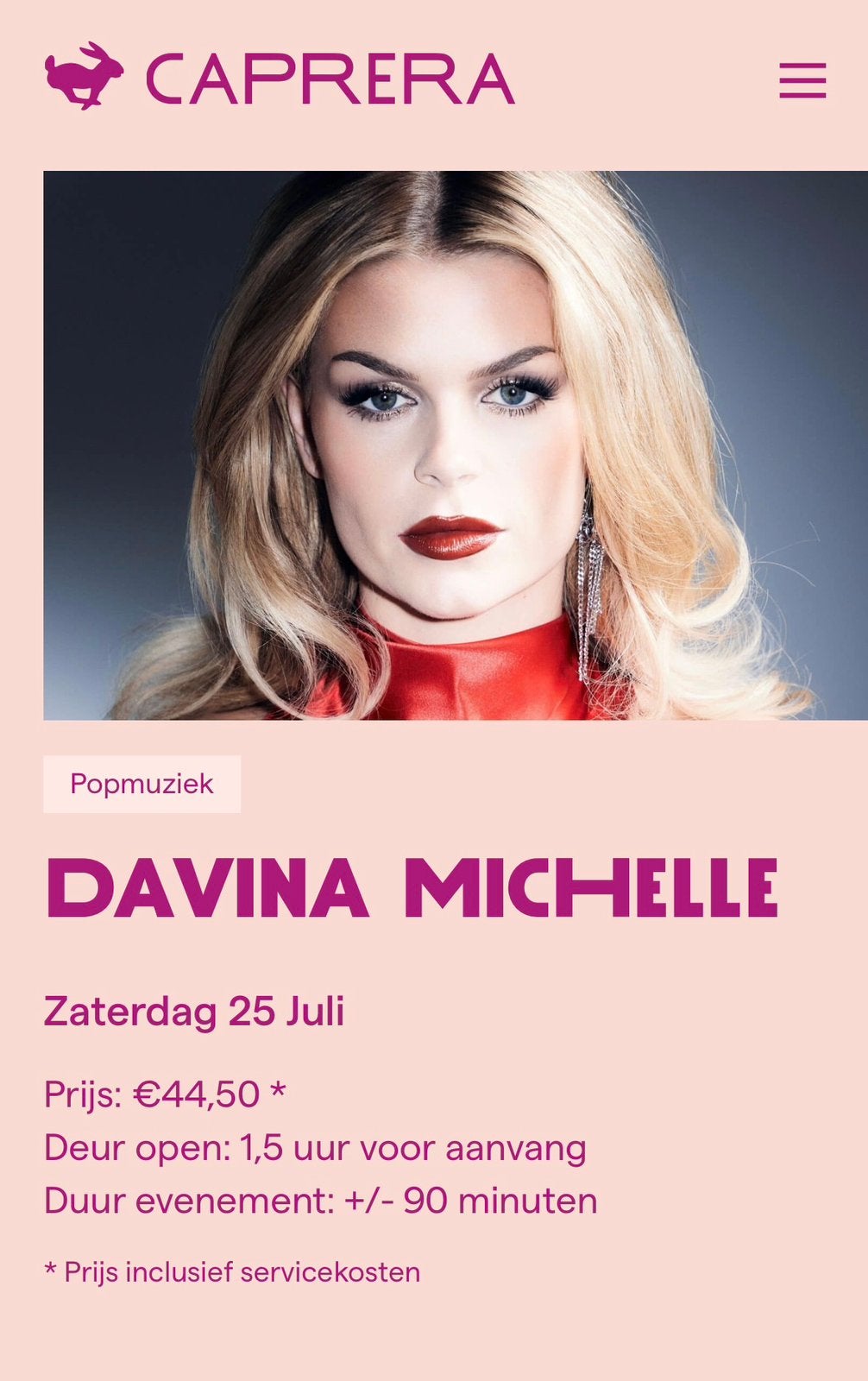 Davina Michelle Caprera tickets 25-7 15.30 uur, Twee personen, Juli