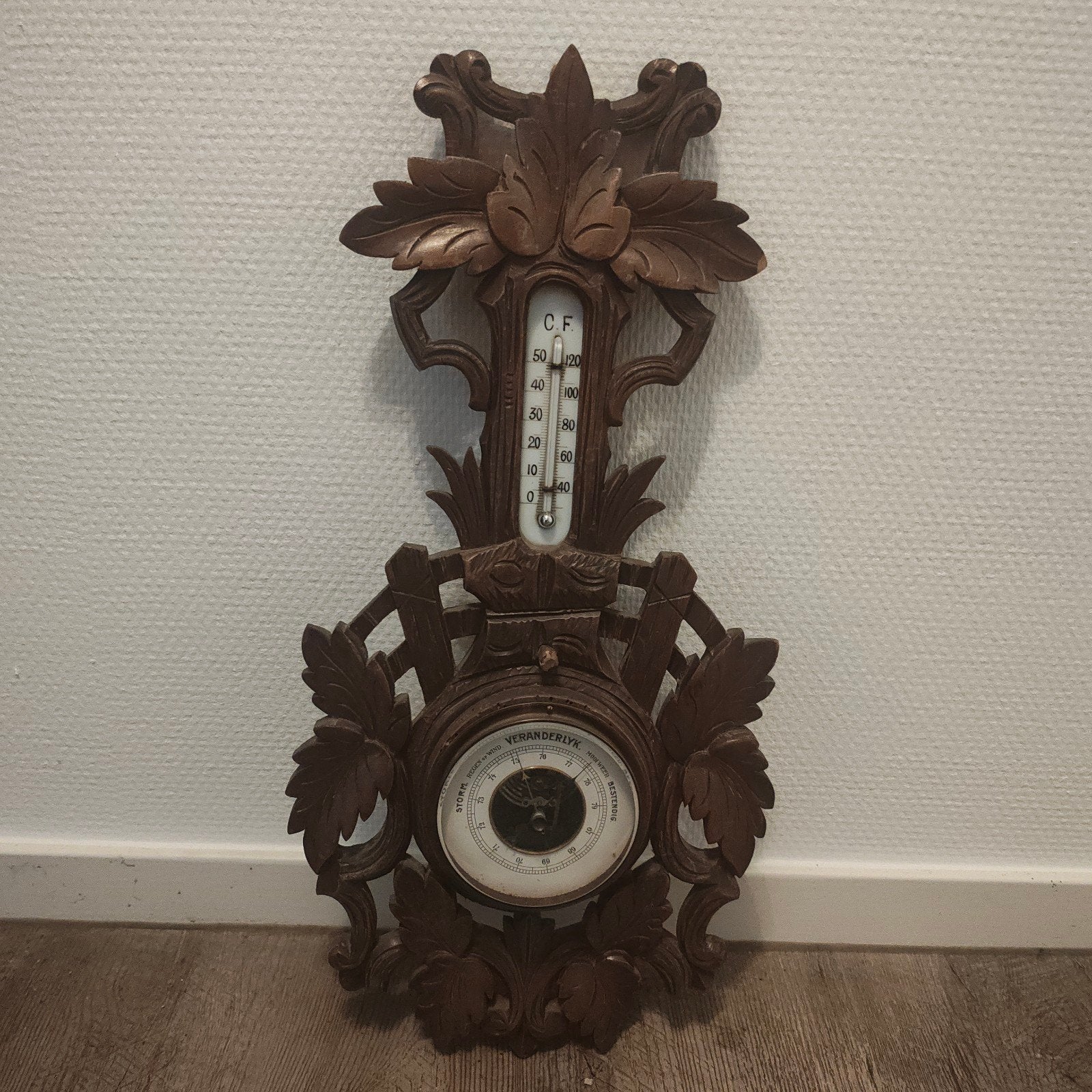 Antieke Barometer met Thermometer - Houtsnijwerk, Ophalen, Gebruikt, Barometer
