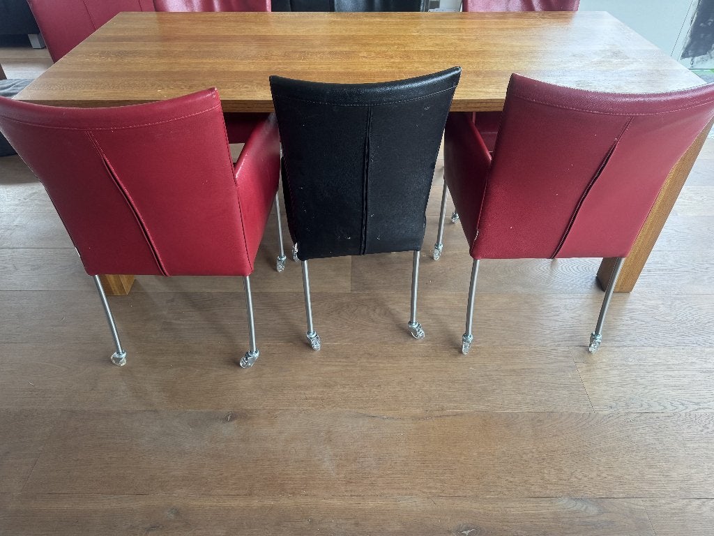 Eethoek - Eettafel met 6 leren stoelen op wieltjes, Huis en Inrichting, Tafels | Eettafels, Ophalen, Gebruikt, Eikenhout, 200 cm of meer