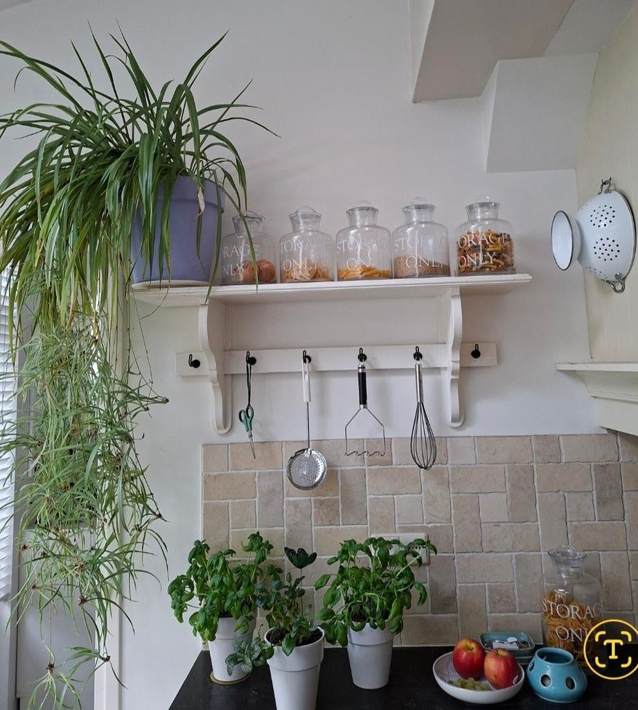 Landelijke witte wandplank van hout+6 haken Brocante, Ophalen of Verzenden, Gebruikt