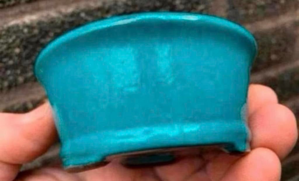 Bonsai pot rond Turquoise geglazuurd craquelé effect 8,5x3,6, Rond, Ophalen of Verzenden, Zo goed als nieuw, Aardewerk
