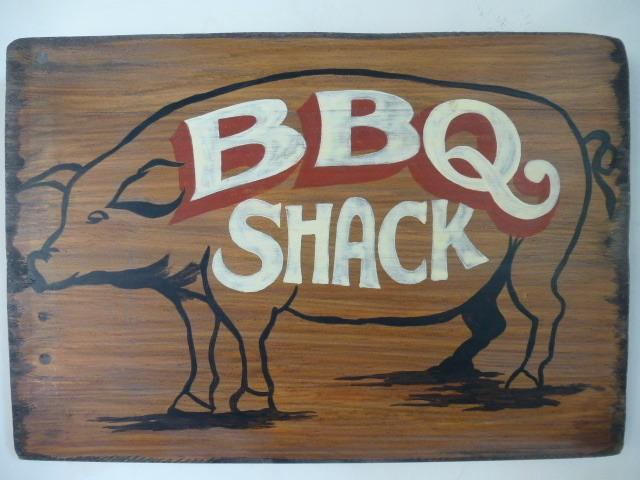 Vintage houten reclame bord/slagerij/varken/barbecue/bbq, 33 cm, Hout, Ophalen of Verzenden, B6