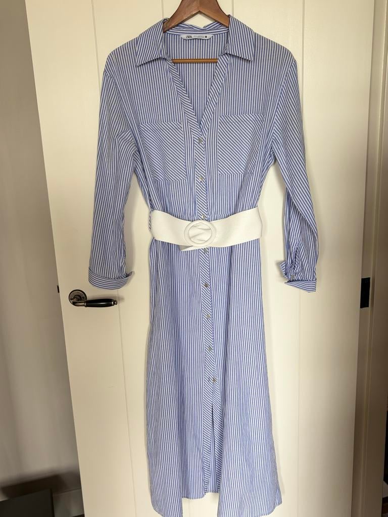 Zara Seersucker Zomerjurk XL - Wit/Blauw gestreept met riem, Kleding | Dames, Blauw, Maat 46/48 (XL) of groter, Ophalen of Verzenden