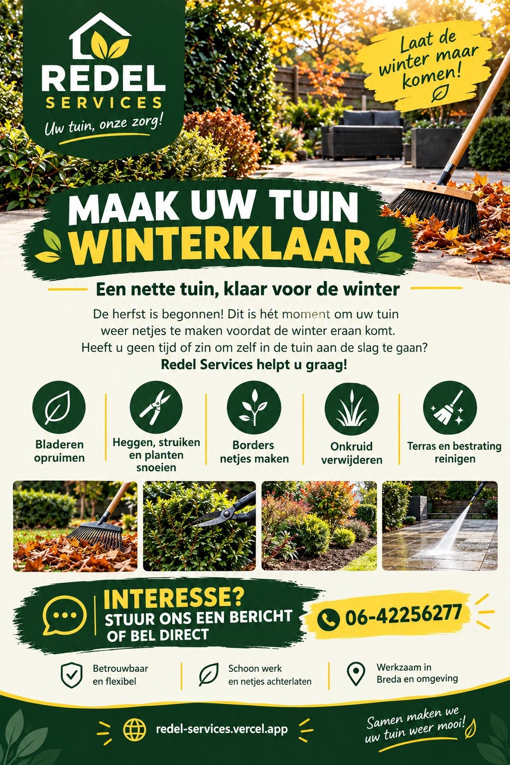 Tuin Winterklaar maken.(snoeien,onkruid,tegels reinigen), Tuin en Terras, Ophalen of Verzenden, Overige soorten, Volle zon