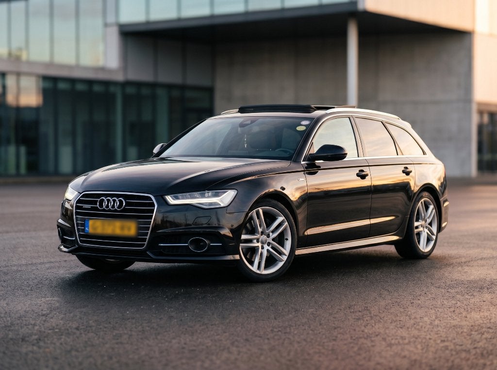 Audi A6 Avant 1.8 TFSI 190pk S line Pano ACC Trekhaak 2016, Verwarmde buitenspiegels, 1610 kg, Zwart, Leder en Stof