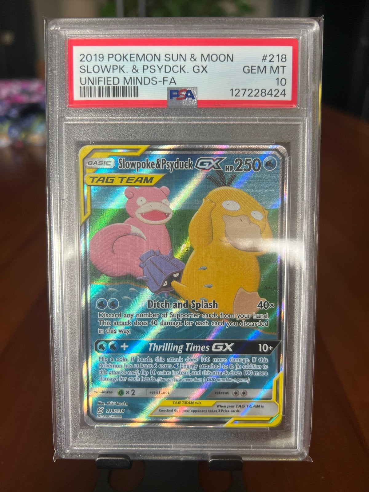 Slowpoke & Psyduck GX #218 - Unified Minds - PSA 10, Ophalen of Verzenden, Nieuw, Losse kaart, Foil