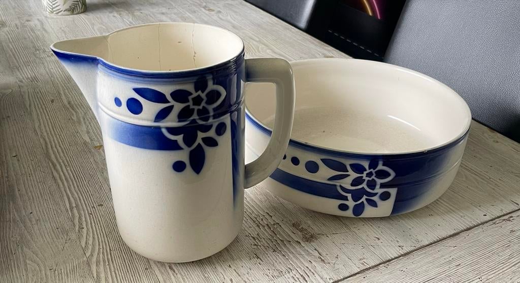 Brocante Lampetstel Blauw Wit - Vintage Kan + Schaal, Ophalen