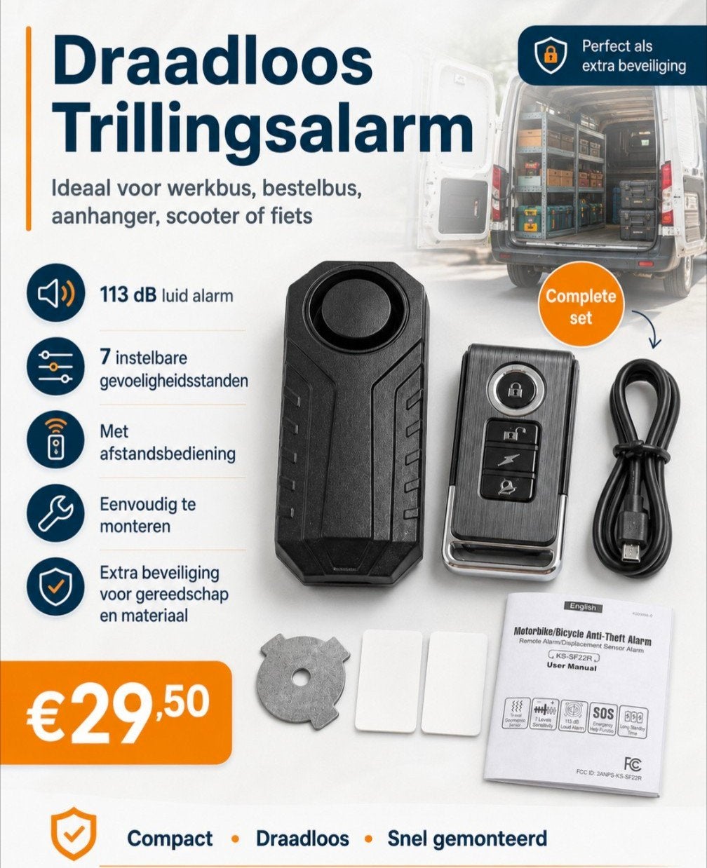 Draadloos trillings alarm  – motor scooter werkbus fatbike, Ophalen of Verzenden, Nieuw