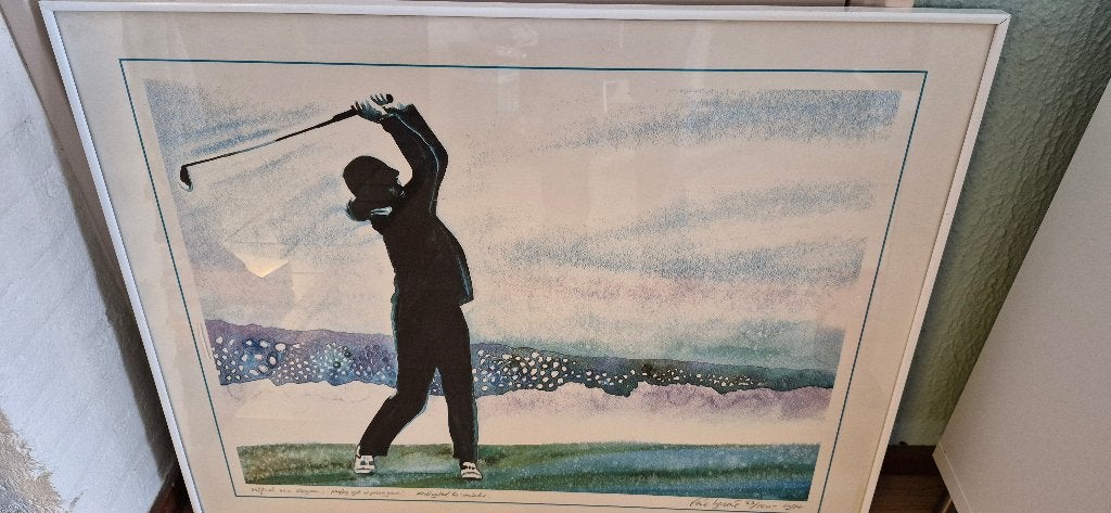 Rene Brone: Litho, Playing golf at peble beach - Ingelijst, Antiek en Kunst, Kunst | Litho's en Zeefdrukken, Origineel, Ophalen