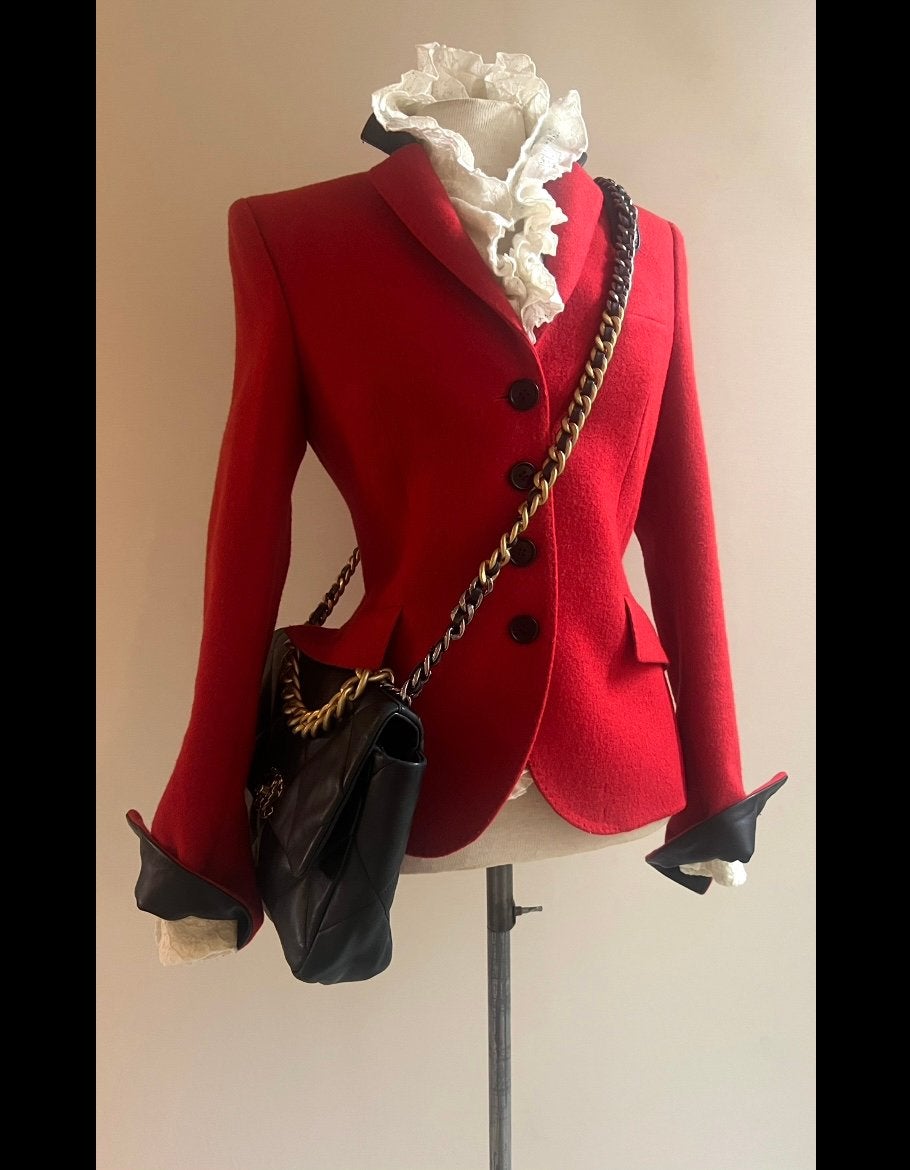 Scapa Pauw 40 (38) wollen blazer jasje met leer rood zwart, Maat 38/40 (M), Verzenden, Zo goed als nieuw, Jasje