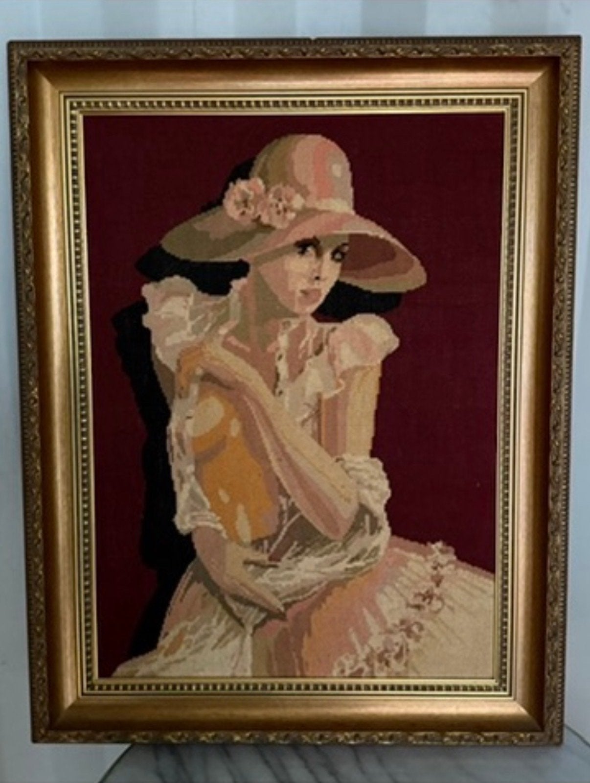 Vintage Gobelin Schilderij: Dame met Hoed, Ophalen, Portret of Personen, Handgeschilderd, Klassiek