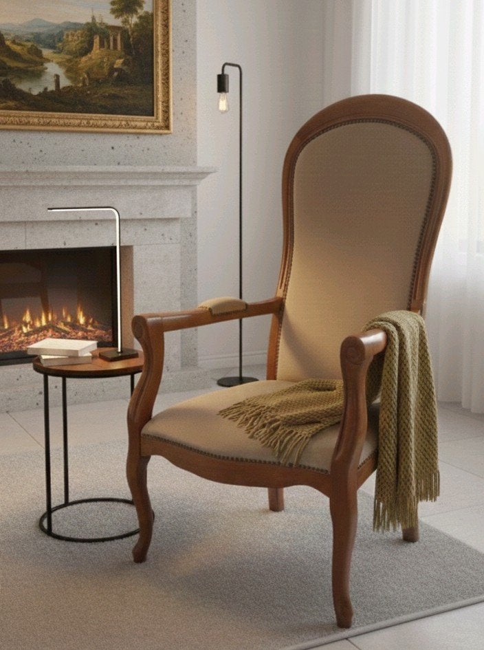Elegante Louis Philippe Voltaire Fauteuil - Beige Bekleding, Ophalen