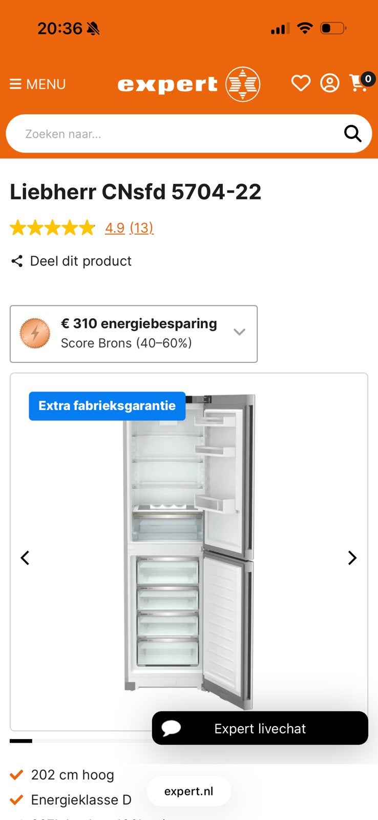 Liebherr CNsfd 5704-22, Ophalen, 200 liter of meer, 60 cm of meer, Met aparte vriezer