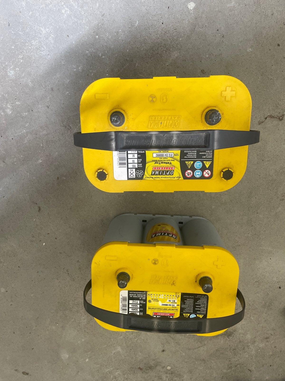 2 Optima YellowTop Accu's - 12V 55Ah AGM Deep Cycle, Ophalen, Gebruikt, Universele onderdelen