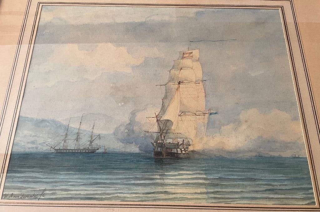 Aquarel - 1844 - W.A. van DEVENTER - Fregatten, Ophalen, Maritiem / water, Gesigneerd, Papier