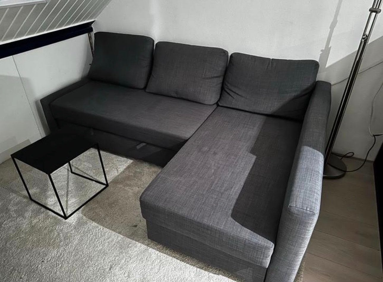 Donkergrijze hoekbank met slaapfunctie, Ophalen, Gebruikt, 100 tot 125 cm, Hoekbank
