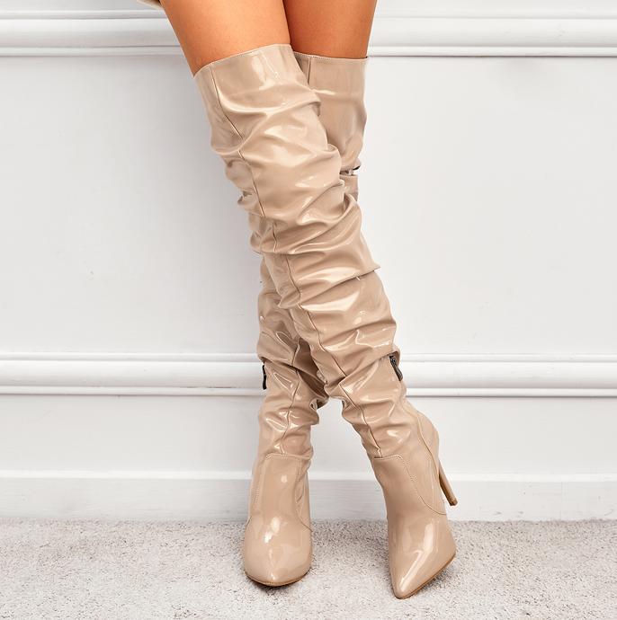 Beige lakleer dames overknee laarzen hoge laarzen lak leren, Verzenden, Nieuw, Beige, Hoge laarzen
