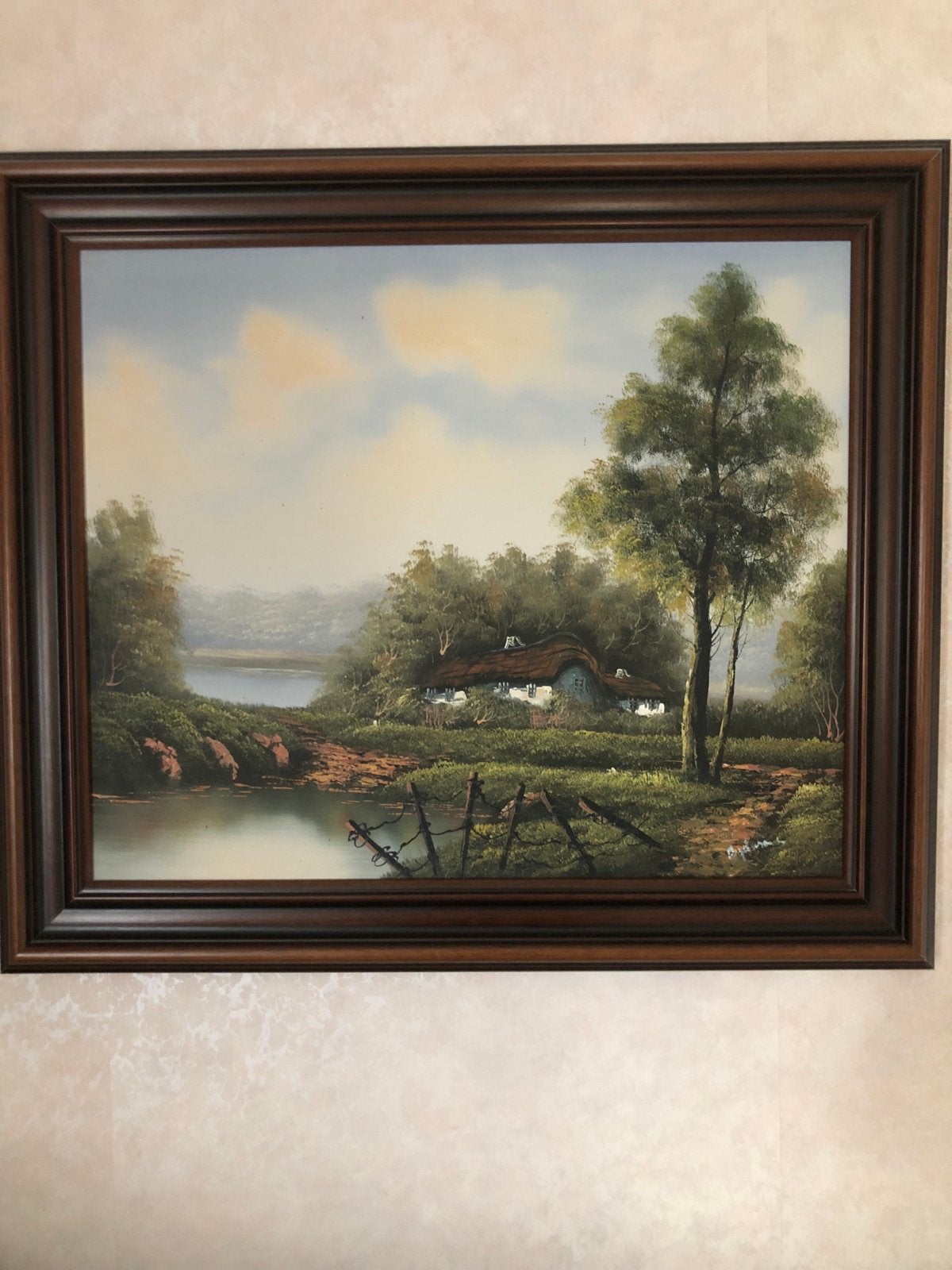 Schilderij 70x60 cm - Landschap met huisje en water, Doek, Ophalen of Verzenden, Landschap, Olieverf
