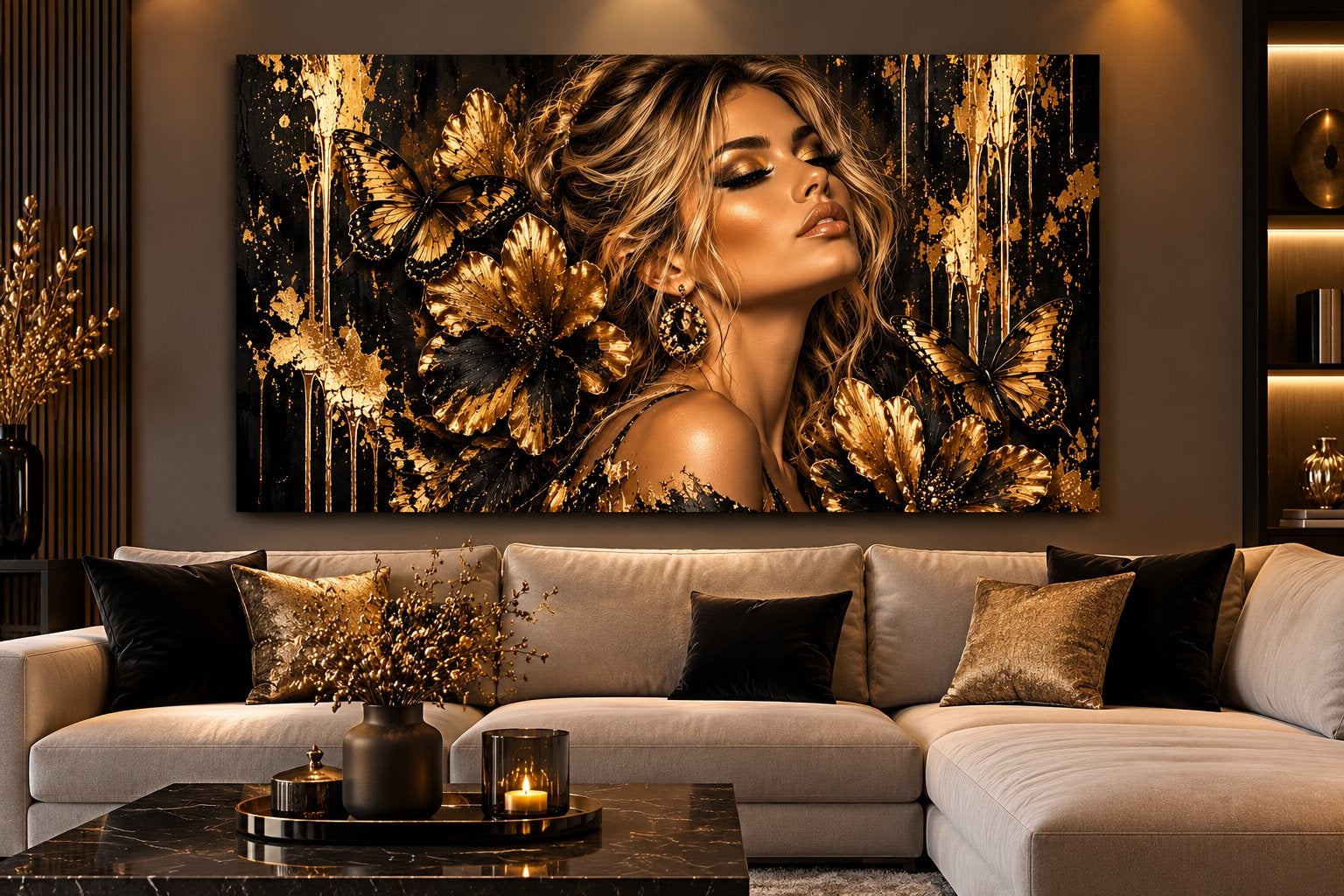 Goudkleurig Schilderij Vrouw met Vlinders 120x80cm, Ophangklaar, Figuren, Ophalen of Verzenden, Print