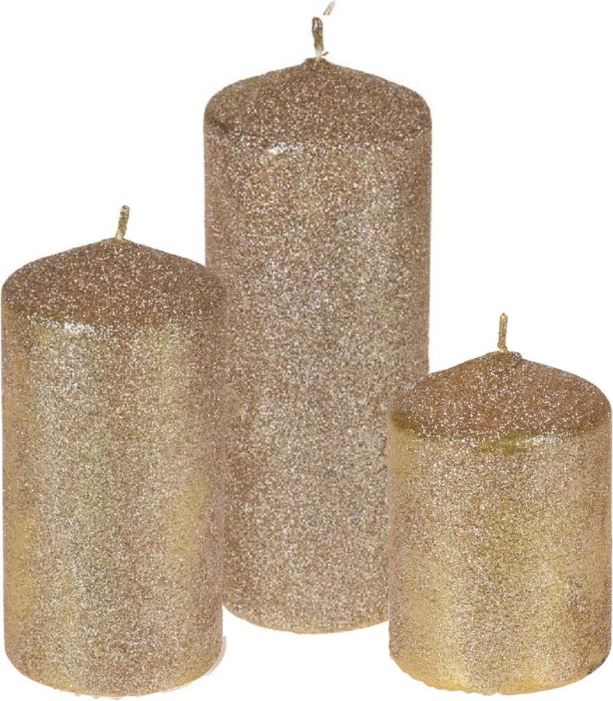 Set van 3 gouden glitter stompkaarsen - 10, 14, 18 cm, Ophalen of Verzenden, 14 cm, Cactula, Kaars